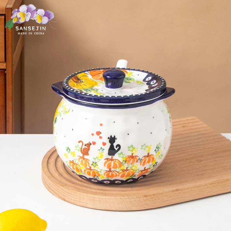 KUZ MUNQAK新疆包邮【南瓜色】轻奢釉下彩家用带盖双耳大容量1500ml