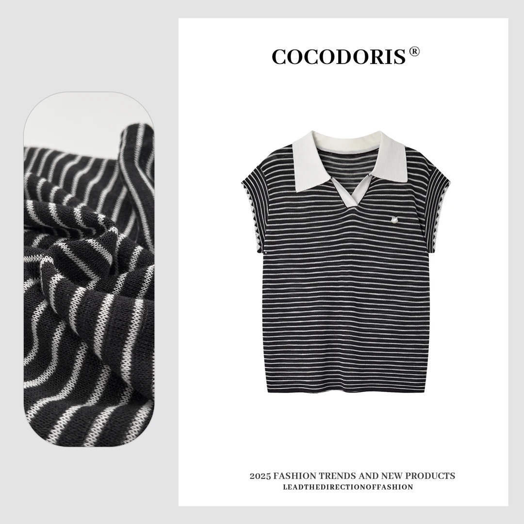 COCO DORIS 2025新款Polo领撞色条纹针织短袖夏季通勤百搭上衣519