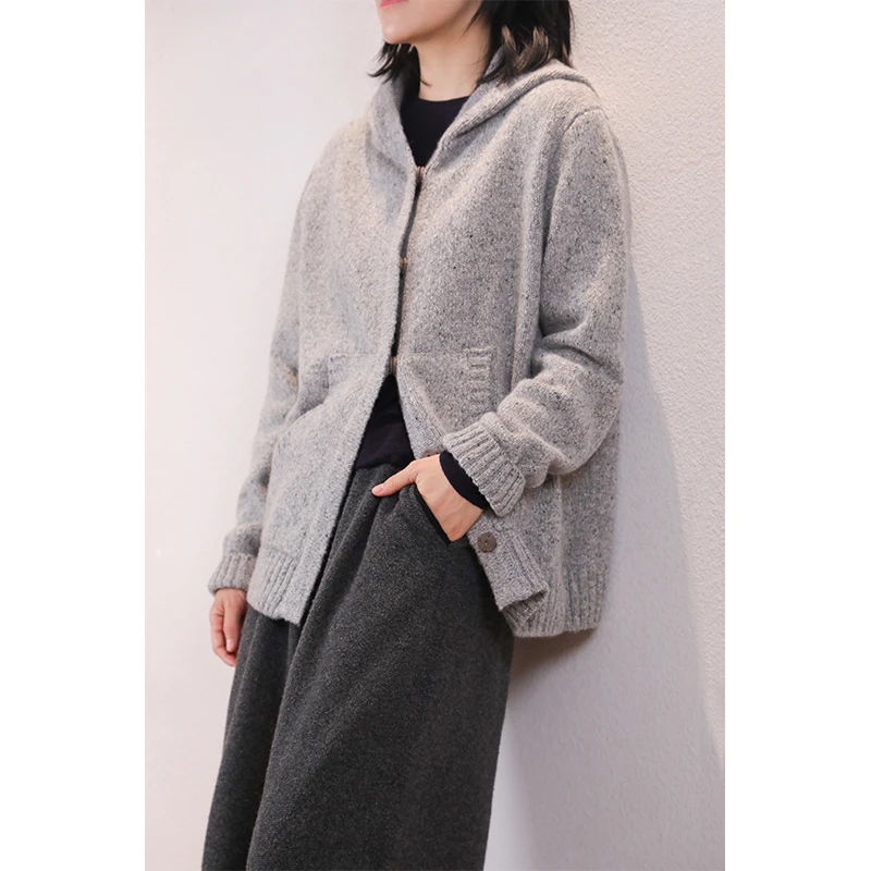 东雍 繁星点点 复古提花休闲定纺花式纱羊绒针织连帽开衫卫衣外套