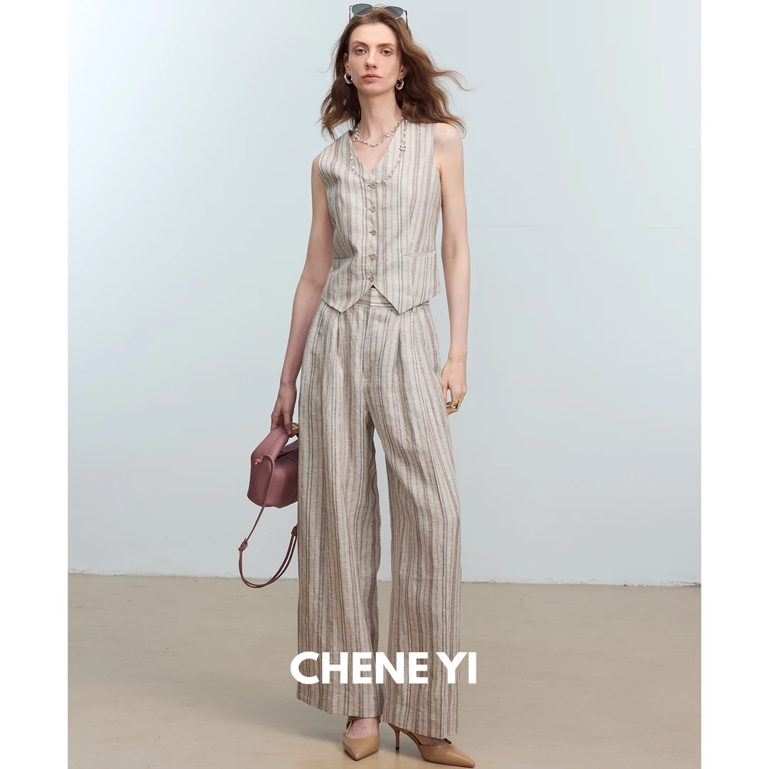 CHENE YI意式松弛老钱风色织条纹收腰马甲/双褶直筒阔腿西裤套装