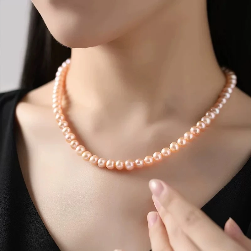 【粉玫瑰】约7-8mm高品质淡水珍珠项链S925银元宝扣锁骨链XL80275SY