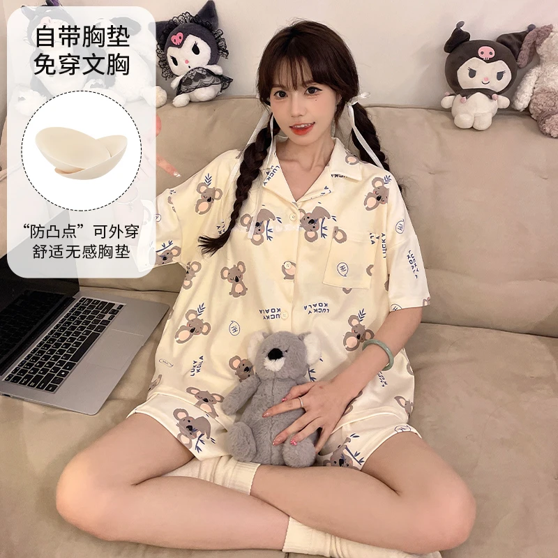 带胸垫睡衣女夏季薄款短袖短裤套装开衫甜美可爱卡通家居服可外穿