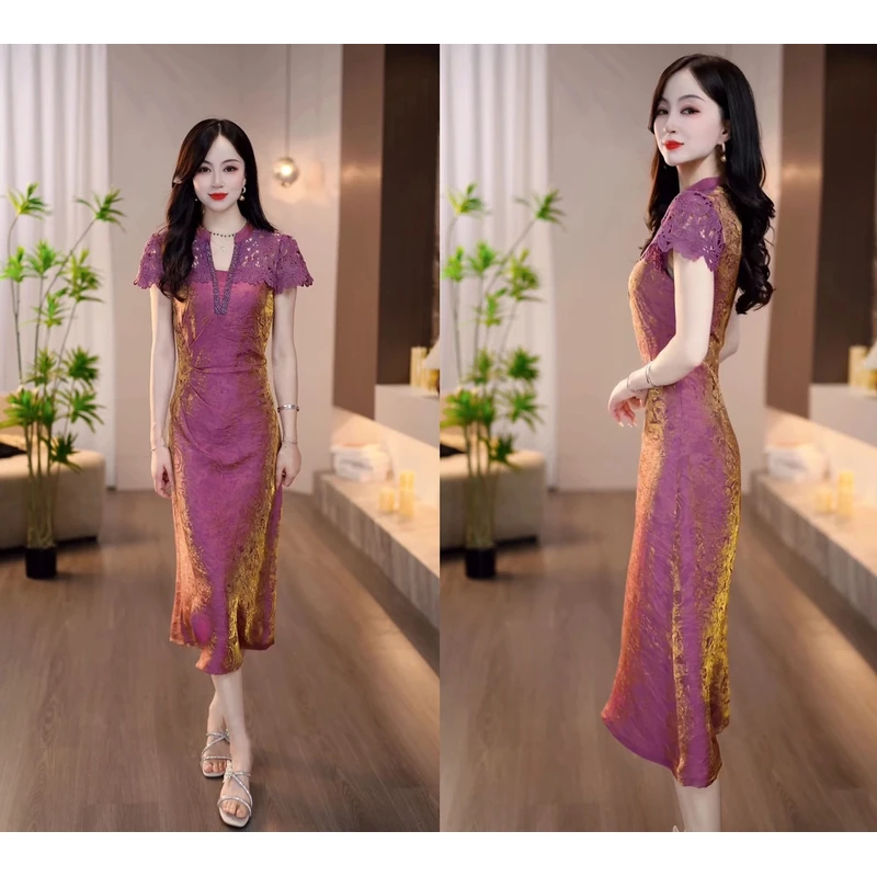 2025夏季新款紫色偏光纹理感拼接蕾丝时尚小众修身连衣裙M-4XL