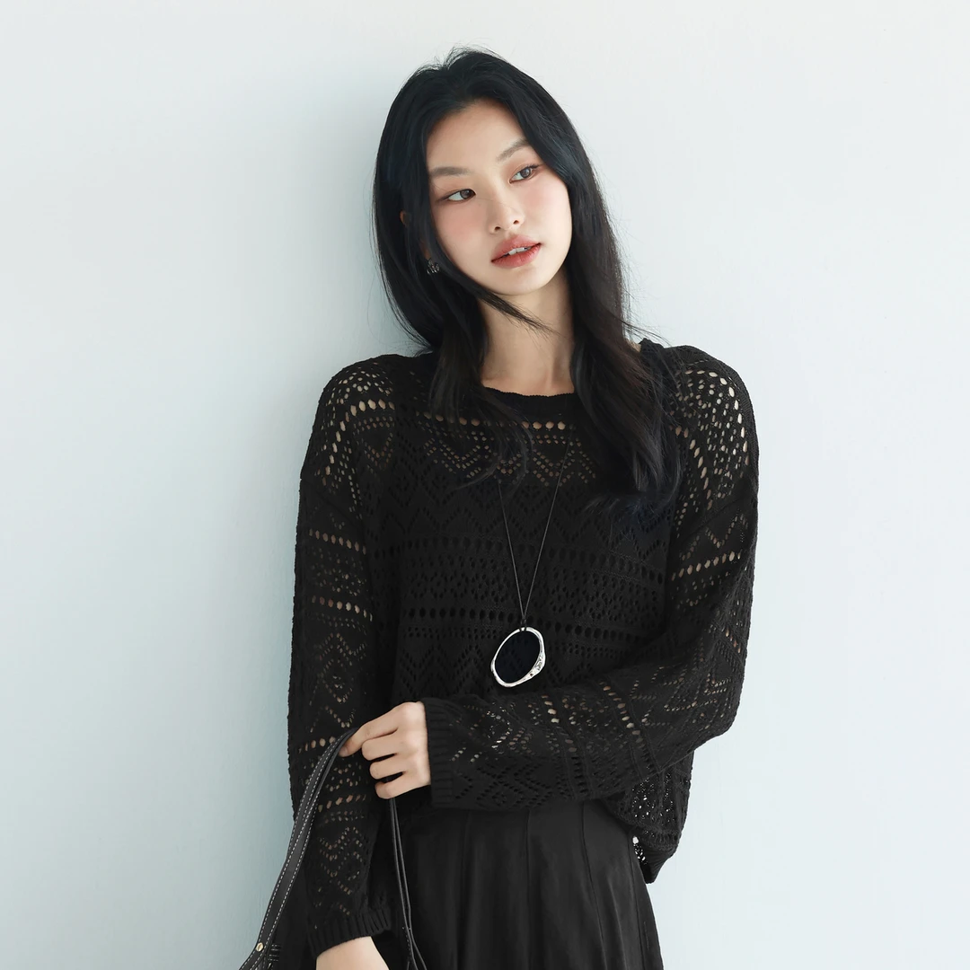 伊芙丽设计感重工镂空钩花气质百搭针织衫女春开衫罩衫1G3930821