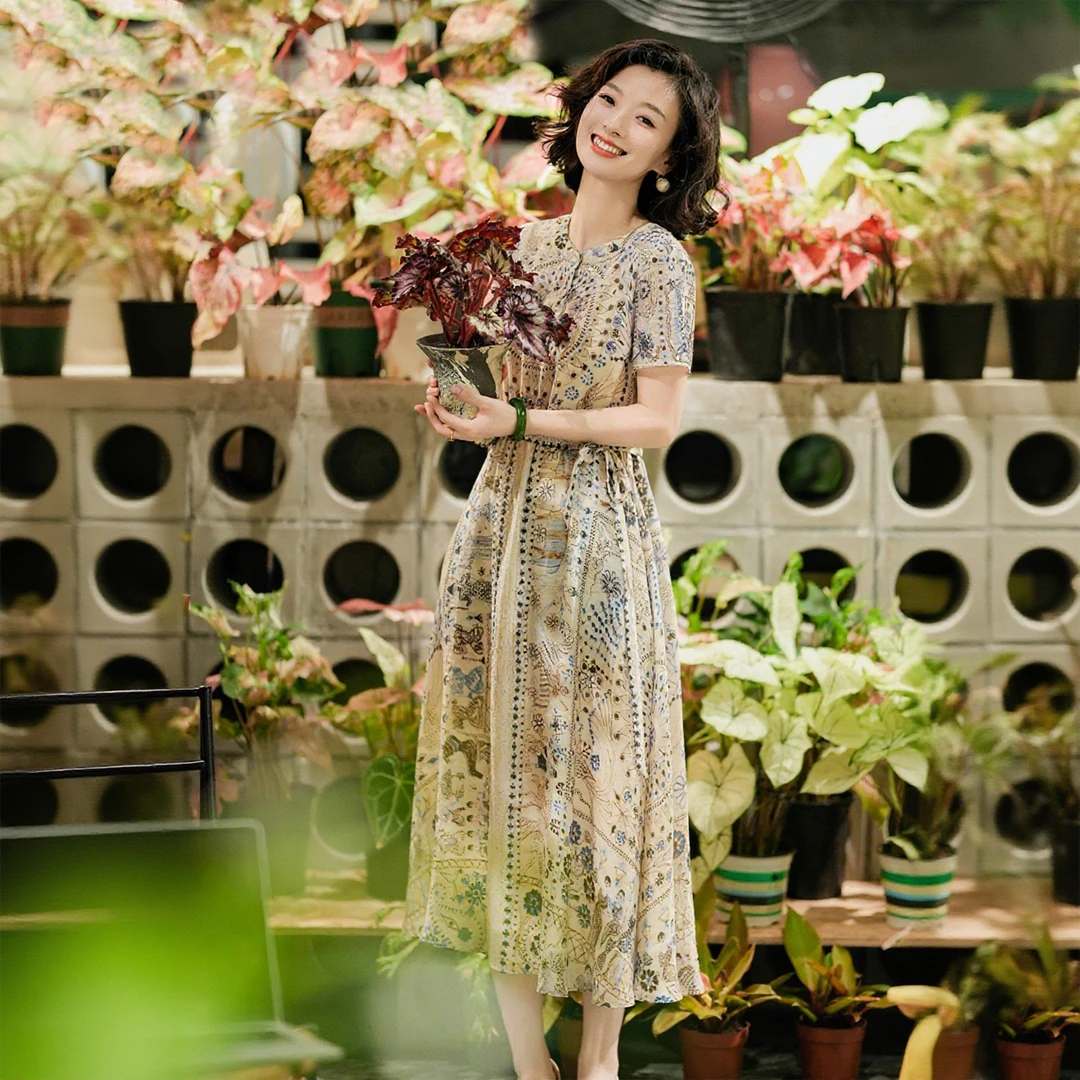 西子/【斯里兰卡】莱赛尔天丝度假风定位花系带收腰连衣裙/CQBH1470