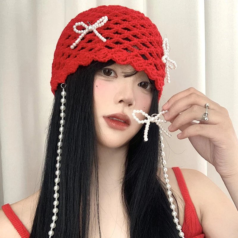 韩系珍珠蝴蝶结红色包帽网红女款复古镂空套帽大围显脸小针织帽子