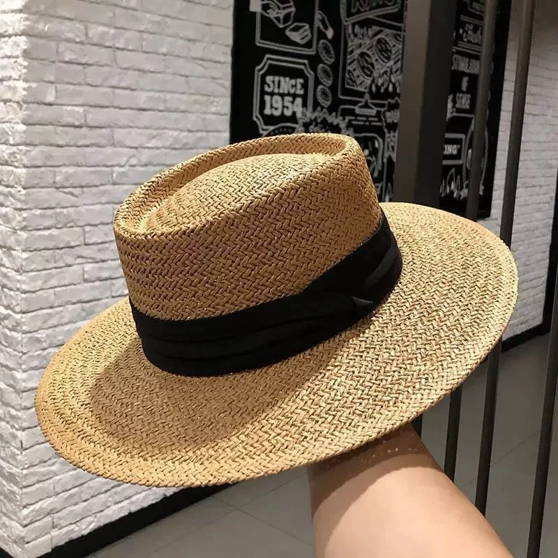 法式复古老钱风平顶草帽女夏季度假风大帽檐防晒遮阳帽气质礼帽