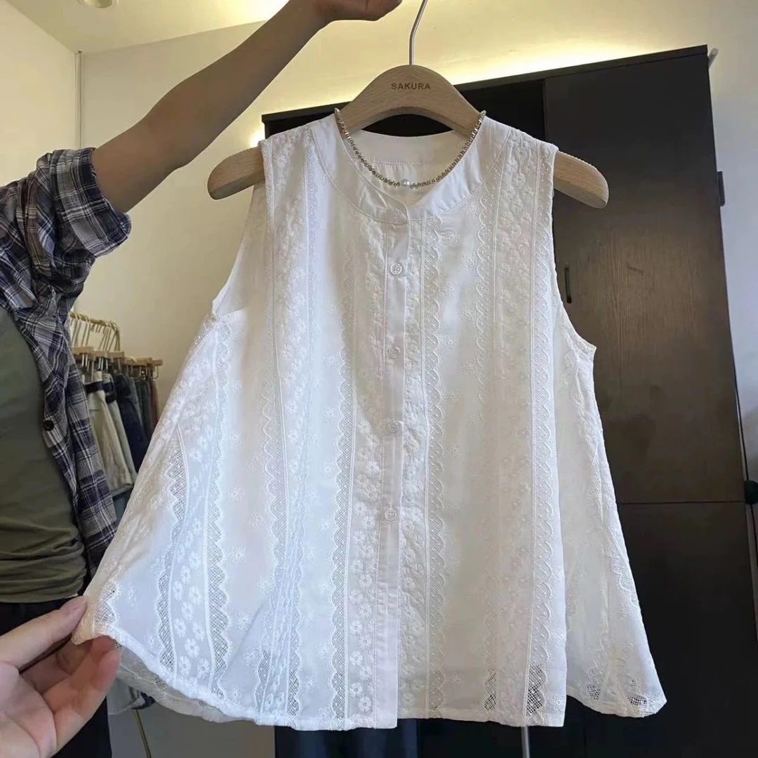 棉白色蕾丝刺绣无袖衬衫背心女外穿夏新款宽松遮肚开衫上衣
