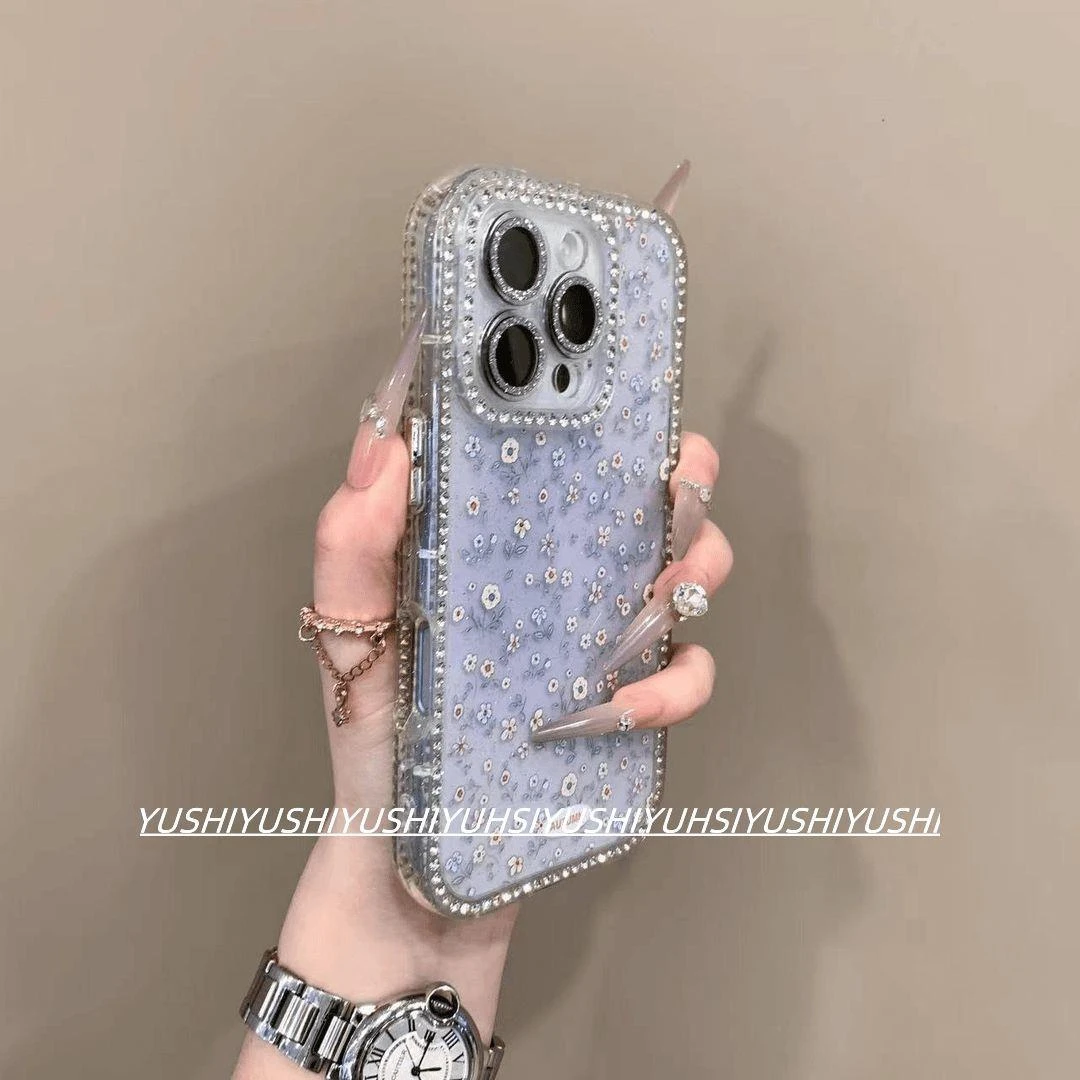 小清新双面镶钻碎花适用iPhone16promax手机壳15pro网红14高级13