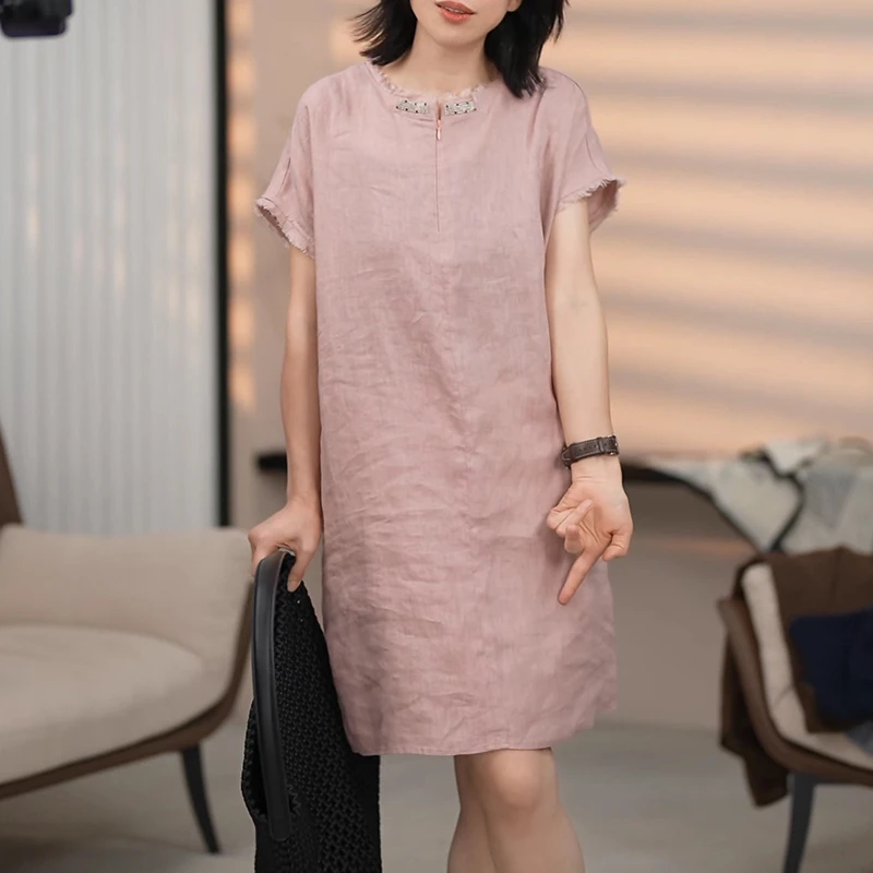 韩系减龄粉色短袖连衣裙女夏季2025新款显瘦设计感气质A字裙子潮