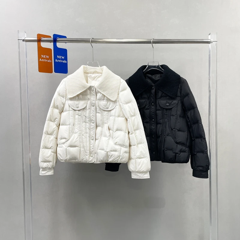 欧洲站冬季新款白鸭绒羽绒服女宽松百搭时尚气质毛线领保暖短外套