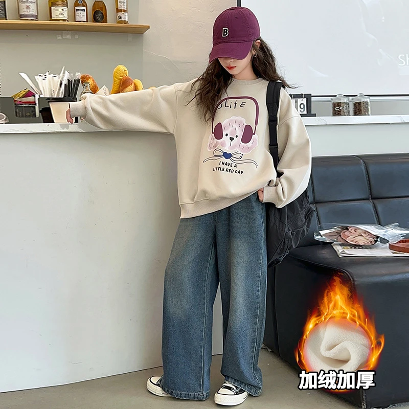 【加绒加厚】女童卫衣冬装圆领百搭儿童新款初中女孩卡通上衣秋冬装