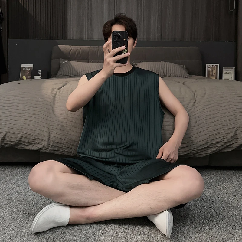 中老年爸爸男士睡衣夏2025新款凉感冰丝无袖背心家居服男大码套装