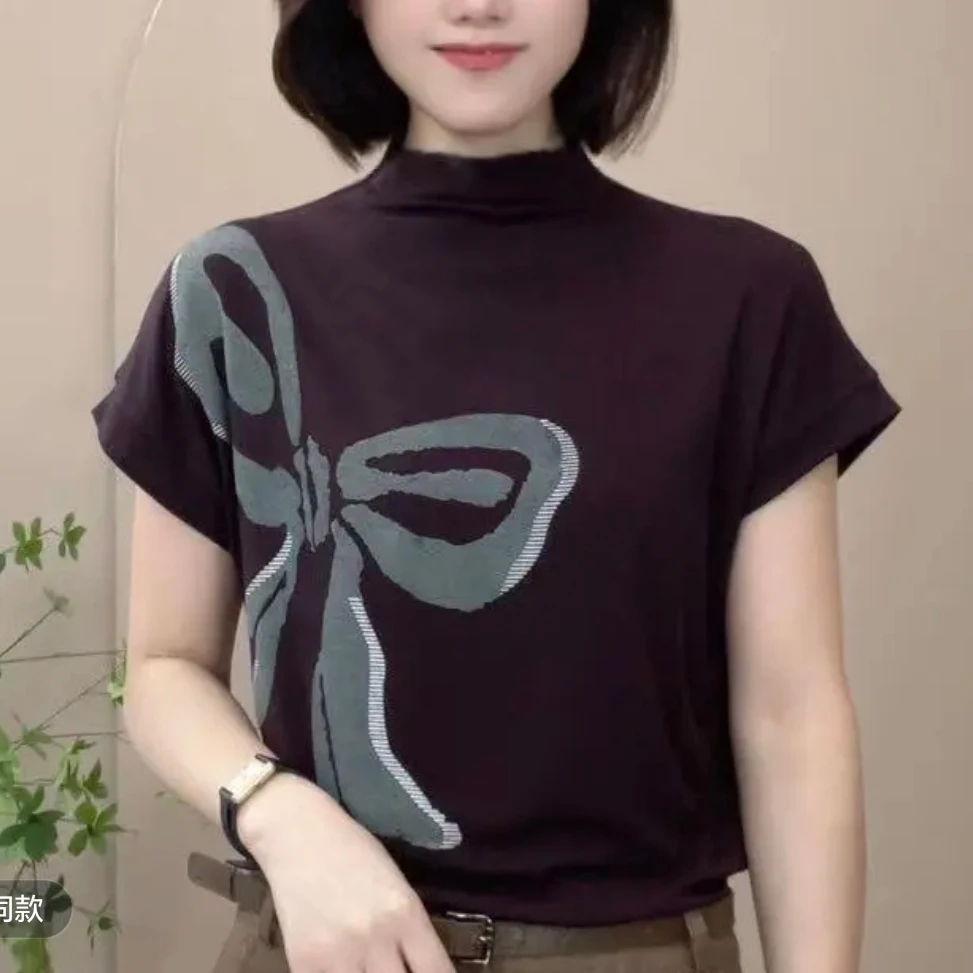 2025夏季新款半高领短袖T恤休闲遮肚时尚百搭印花上衣减龄显瘦