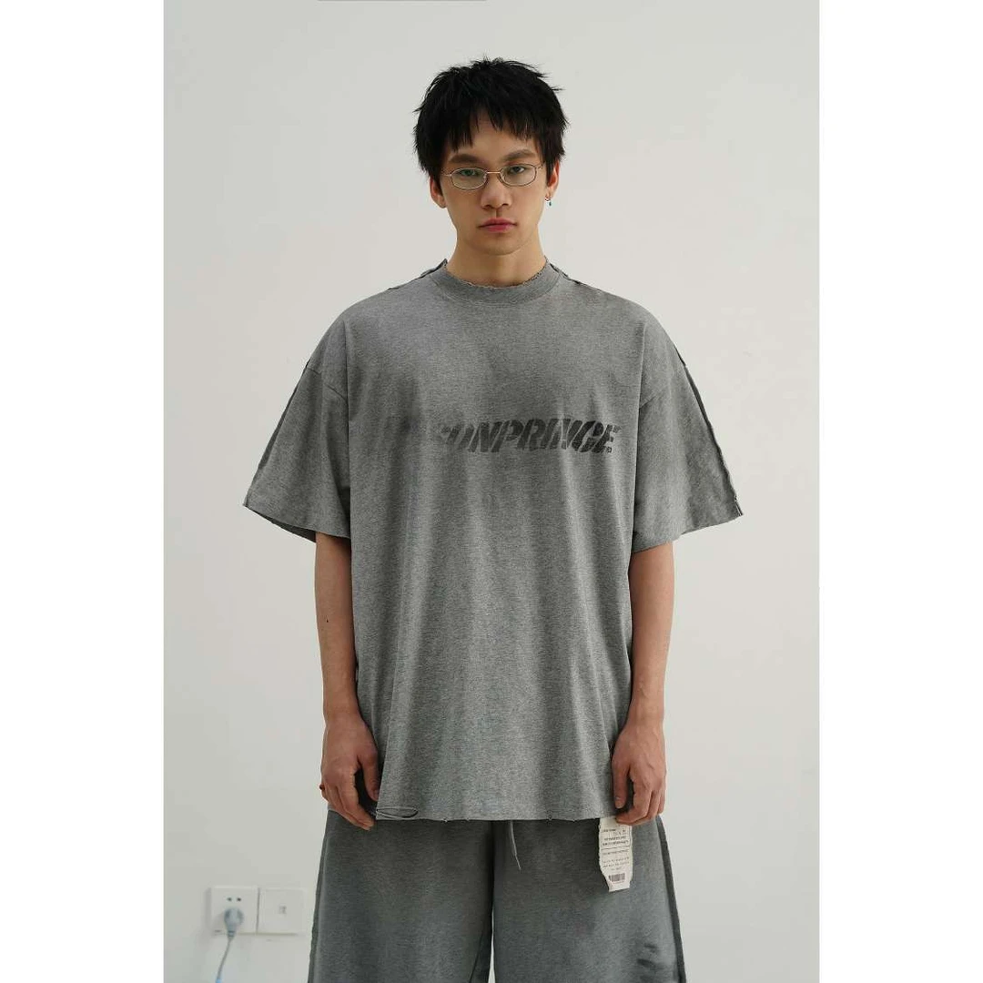 MASONPRINCE*喷绘涂鸦标签 remake手工感重洗水擦黑短袖/长袖T恤