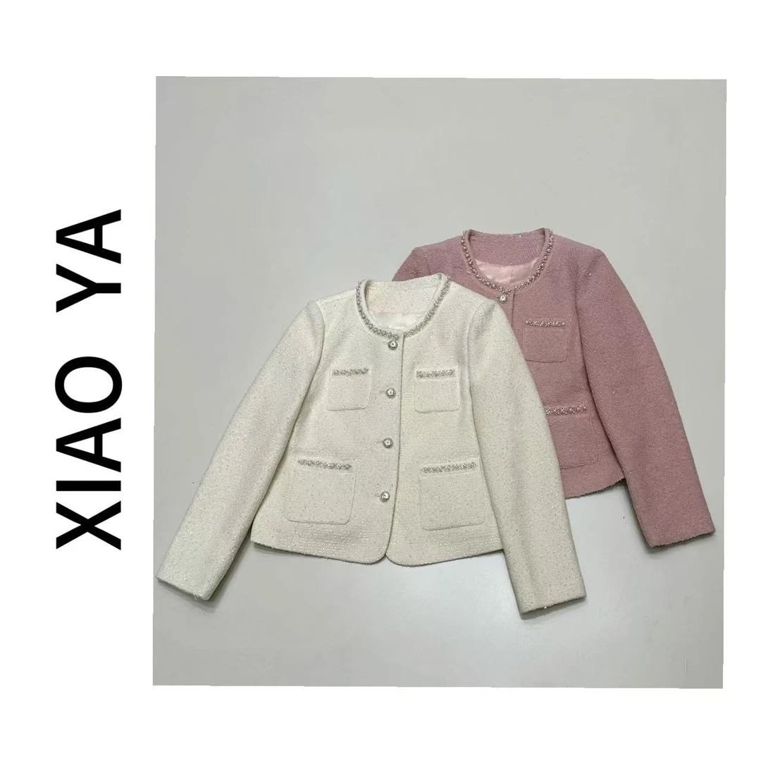 5013春季新款气质重工钉珠珍珠扣百搭小香风外套