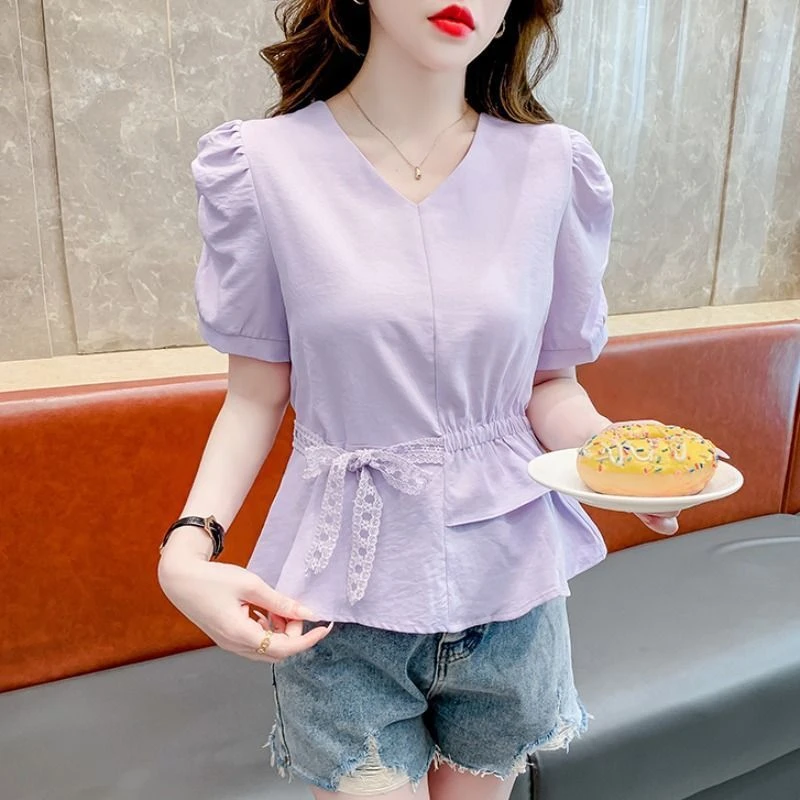 2025夏季新款法式双层荷叶边蕾丝绑带时尚洋气修身衬衫女超仙上衣
