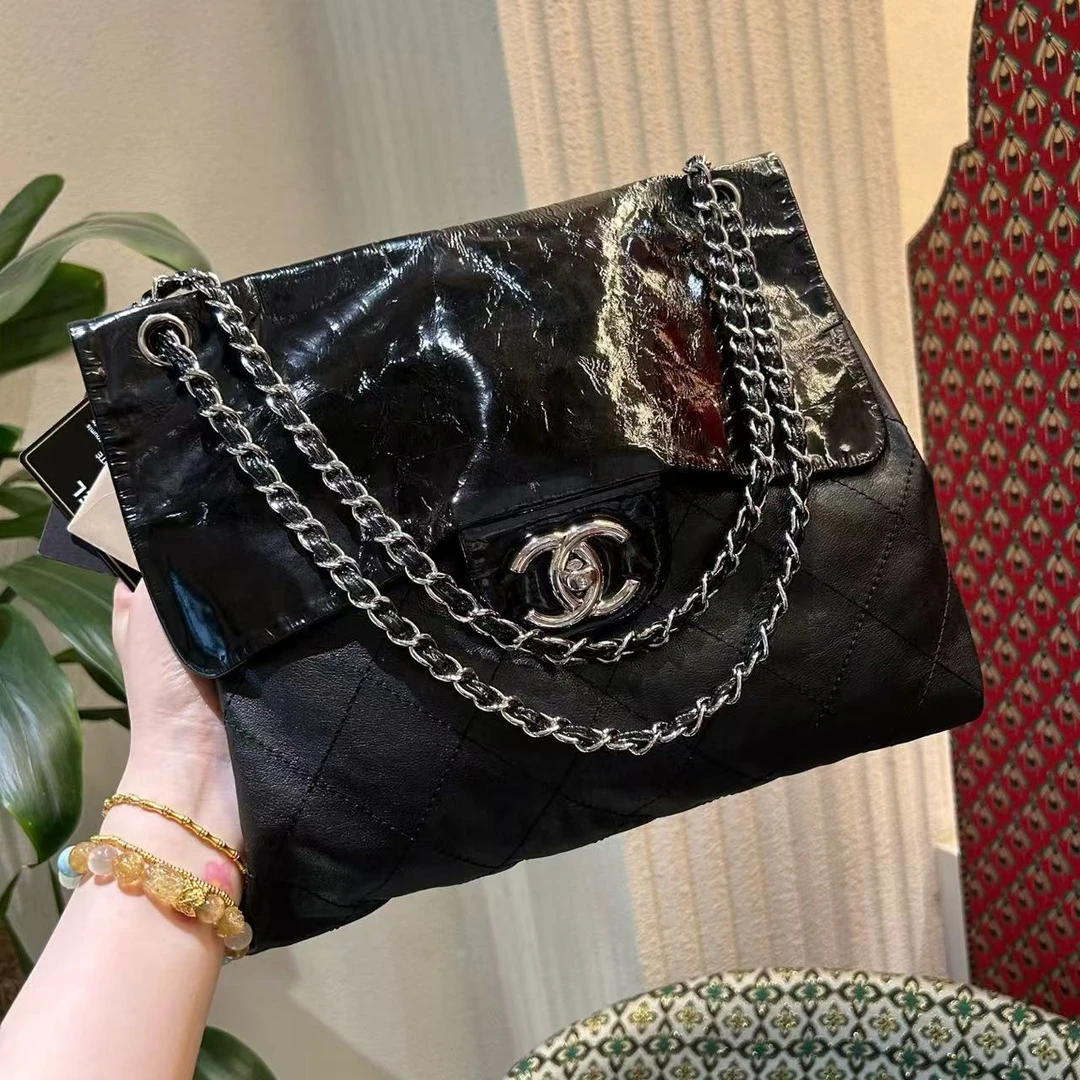 95新 Chanel/香奈儿 黑银牛拼皮机场包