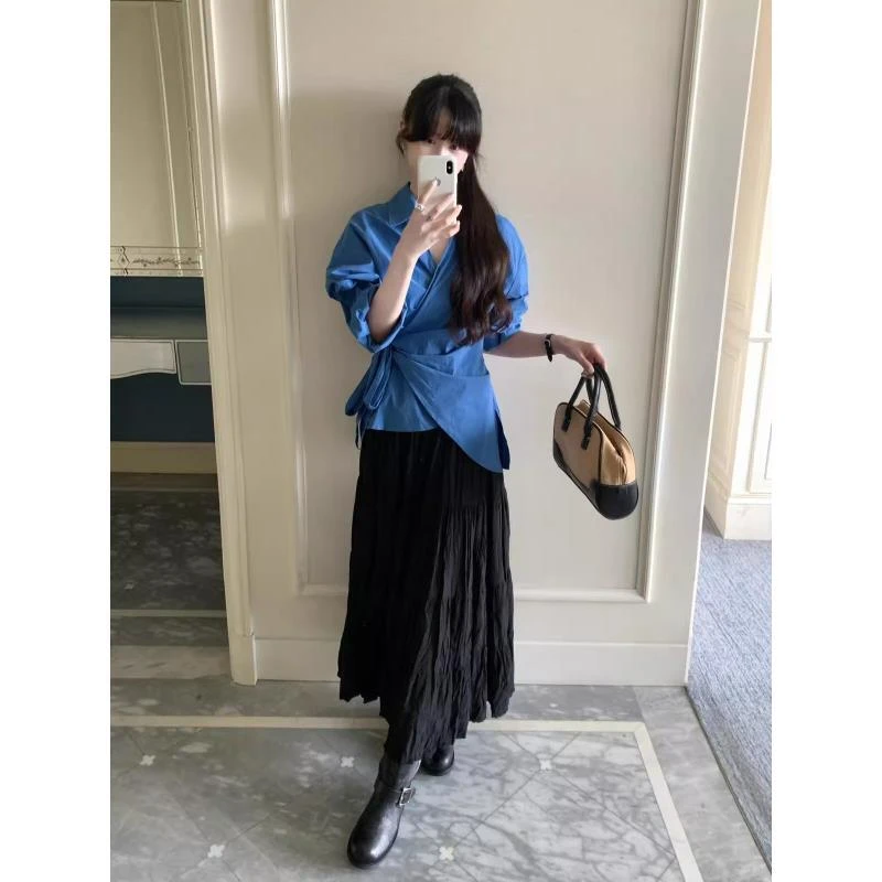 韩系气质套装系带收腰不规则长袖衬衫女秋季裙子褶皱半身裙两件套