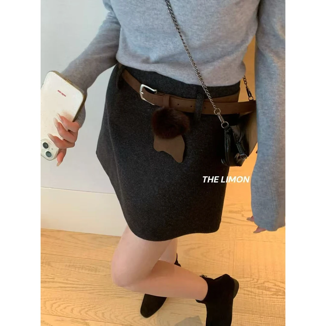 高腰显瘦配皮带防走光A字裙女韩版百搭冬季加厚毛呢半身短裙