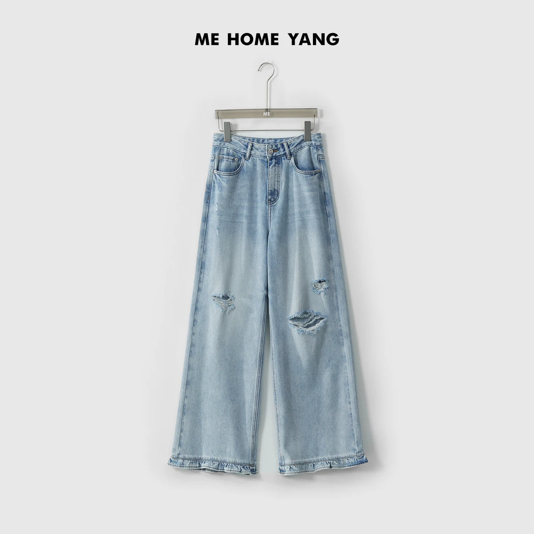ME【荷叶破洞蓝牛】100棉高腰显瘦百搭时尚复古做旧牛仔裤MESS1927