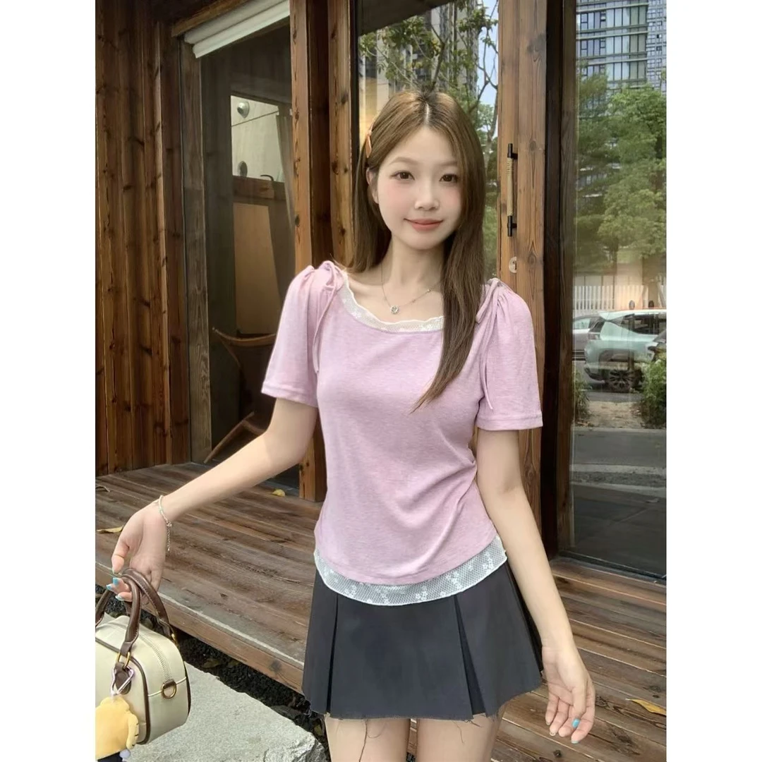 胖mm大码女夏季新款蕾丝拼接收腰显瘦短袖T恤纯欲甜美风上衣百搭