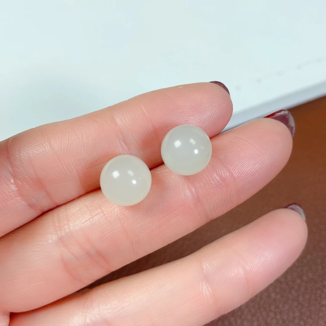 天然和田玉白玉圆珠耳钉18k金镶嵌大珠子耳饰