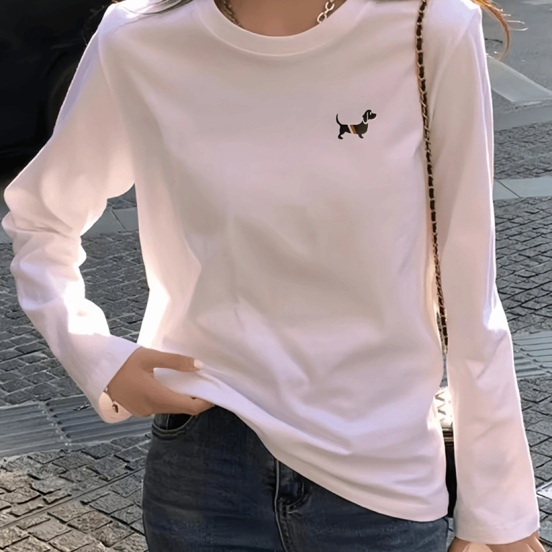 春秋长袖秋衣休闲透气上衣男女同款圆领印花T恤 腊狗