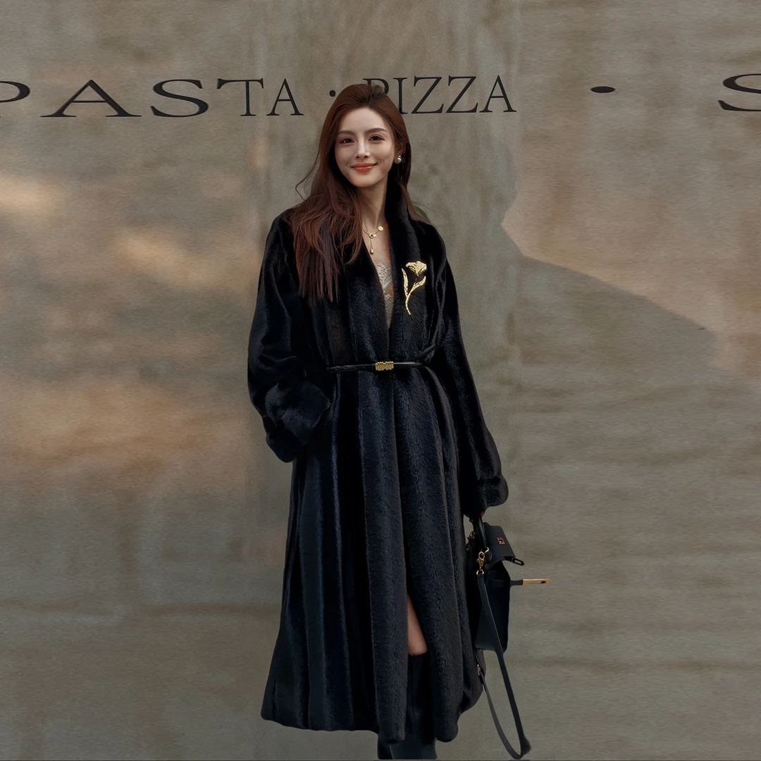 人造皮草 黑色贵气富家千金中长款挽袖V领洋气显瘦大衣环保皮草貂