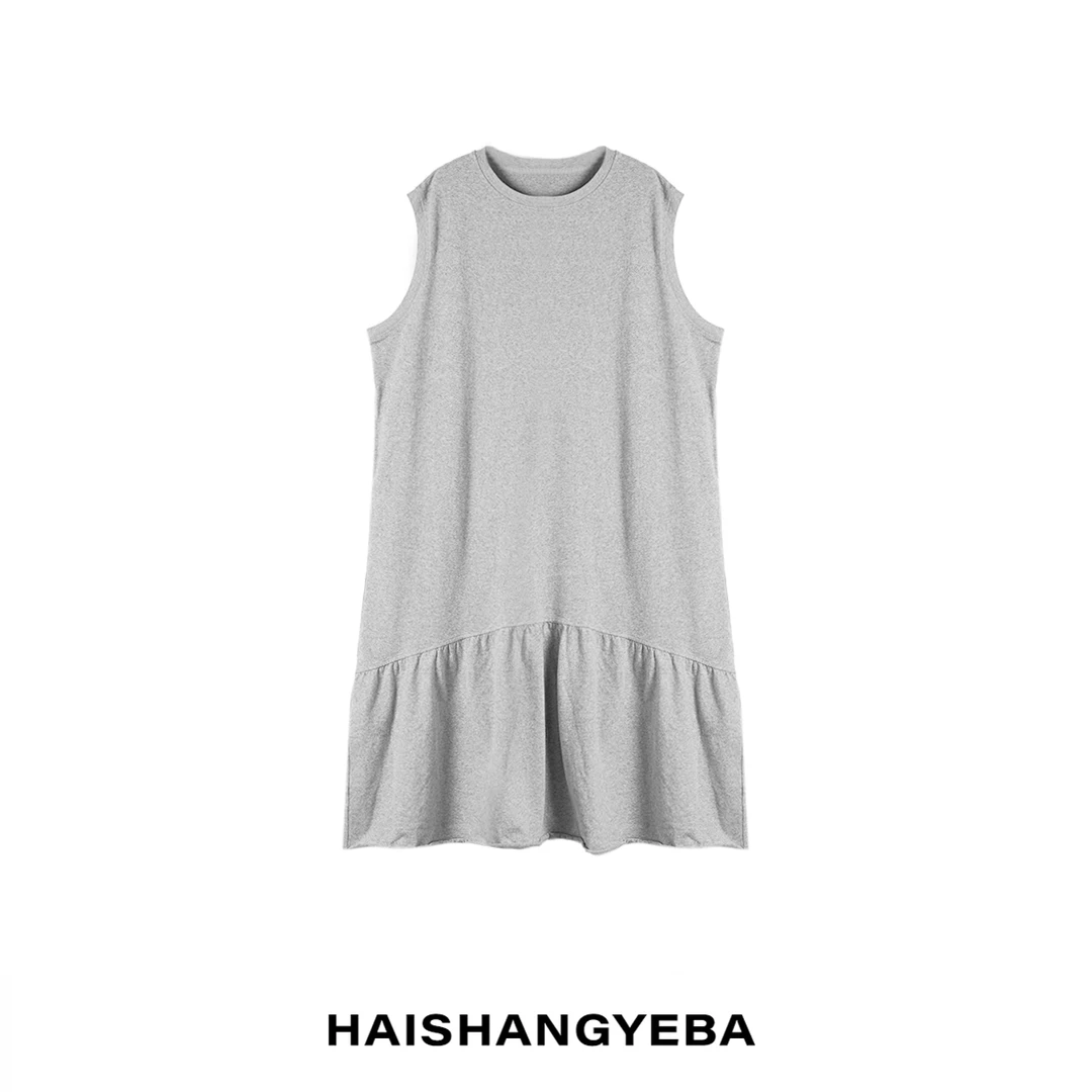 【海上叶爸】新款2025春夏百搭棉圆领纯色简约拼接无袖连衣裙