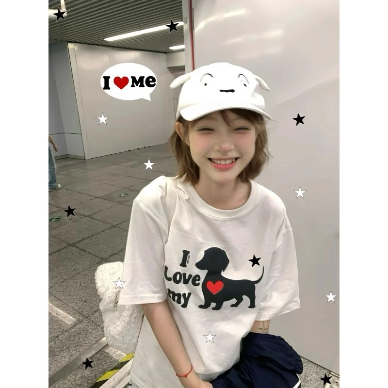 HEYABC 夏季小狗印花短袖T恤男女趣味卡通宽松显瘦百搭情侣装上衣