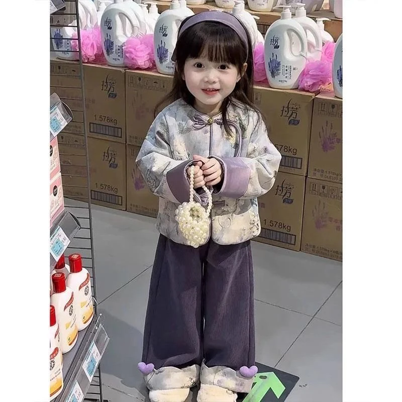 女童新中式唐装套装2026新款儿童夹棉保暖上衣小女孩国风盘扣棉服