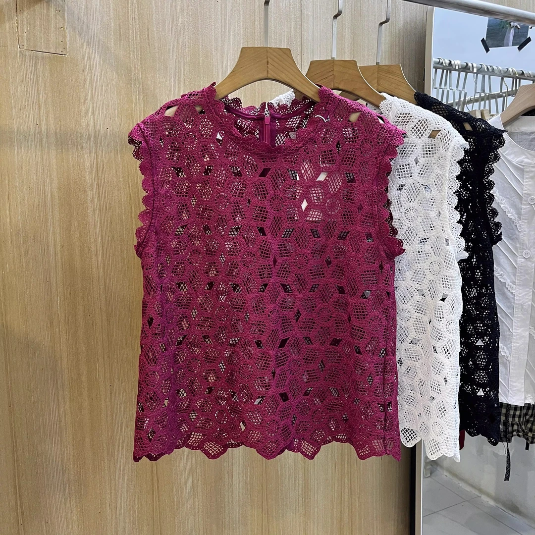 【现货】宽松显瘦无袖蕾丝背心女夏季新款设计感小众勾花镂空小衫