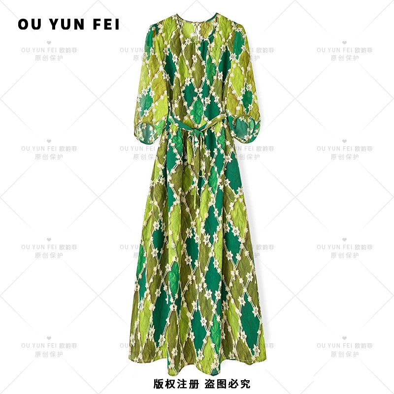 【菱叶花语】长裙显瘦夏季宽松腰常规连衣裙收腰春夏复古风JY1123