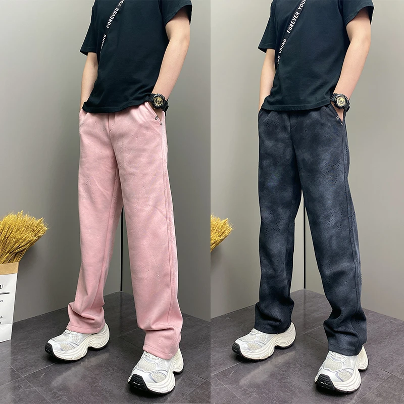 2025年秋季新款潮流韩版痞帅宽松哈伦粉色脏脏裤青年男士休闲卫裤
