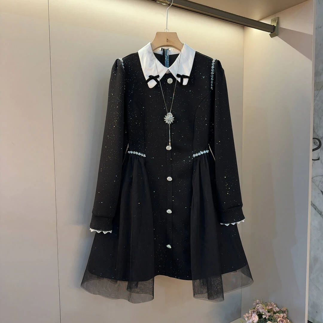 新款韩版娃娃领蝴蝶结装饰重工镶钻拼接网纱款洋气连衣裙裙长84