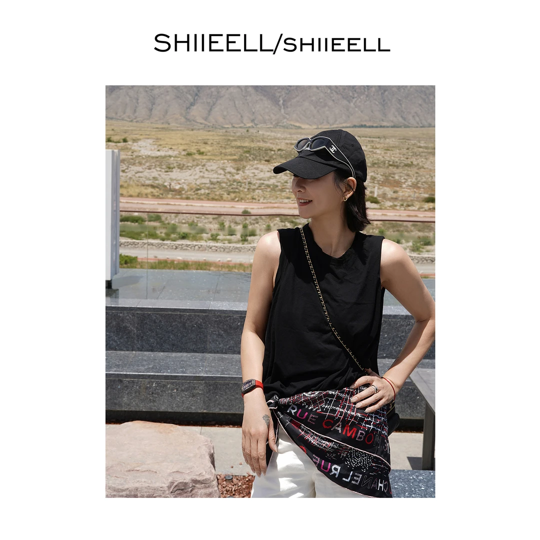 SHIIEELL夏季新款黑色极简老钱风坎肩扭缝棉质软糯无袖背心W0135