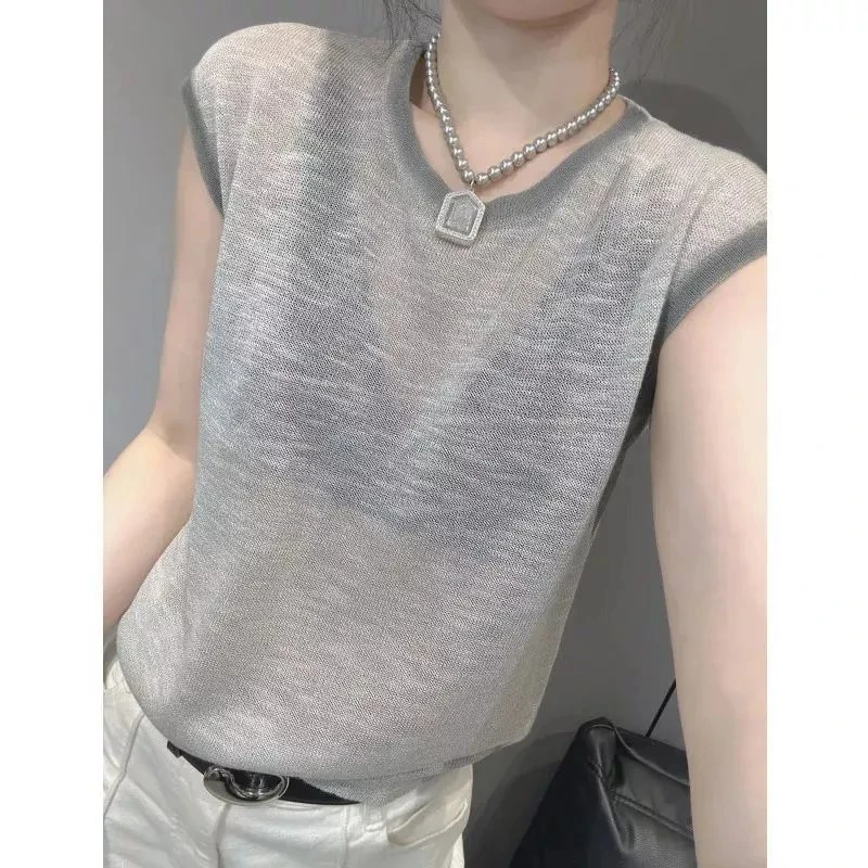 夏天新款时尚百搭撞色冰丝针织衫短袖女气质简约宽松显瘦微透上衣