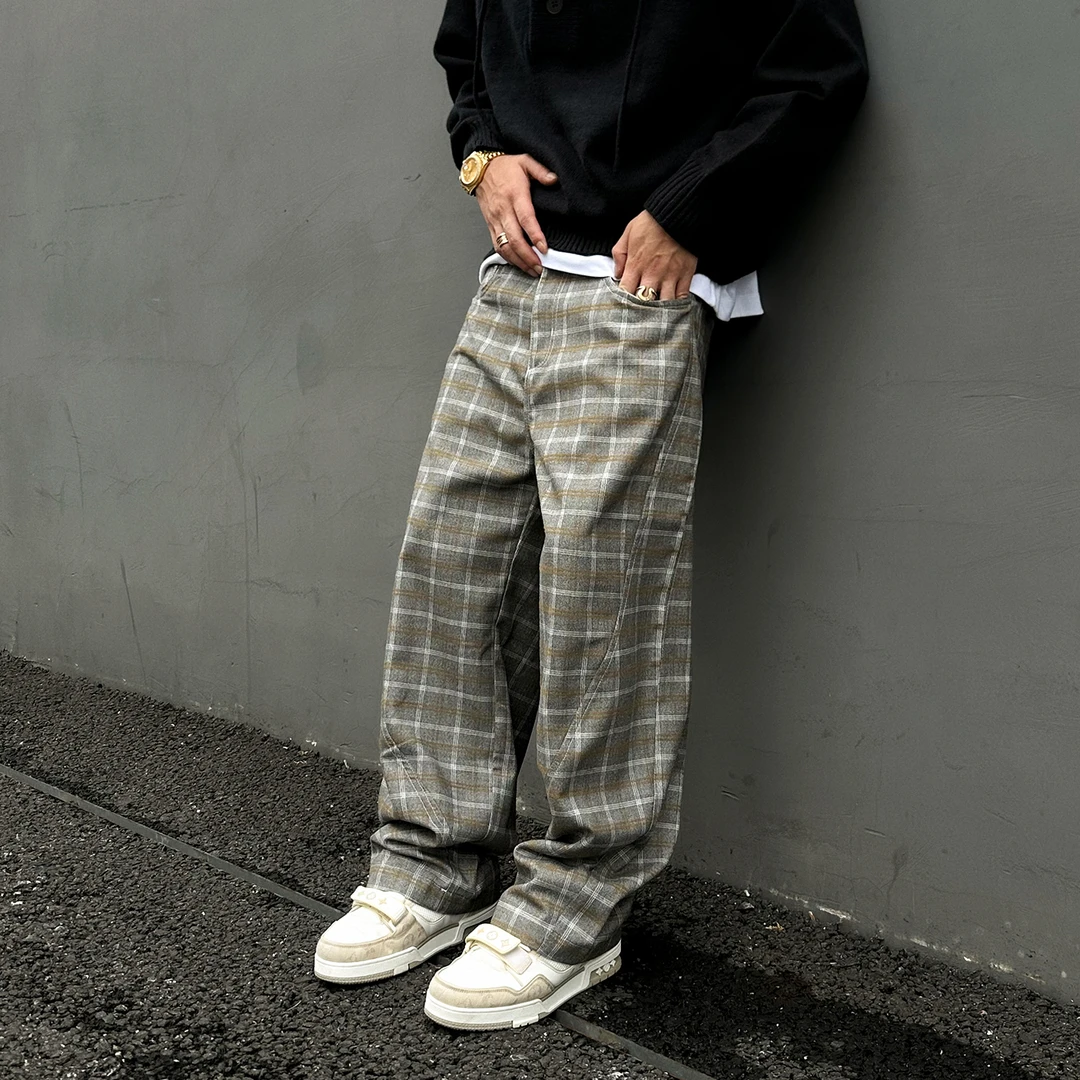 【UNAPS】美式复古cleanfit格子裤男女格纹松紧腰宽松直筒休闲裤子