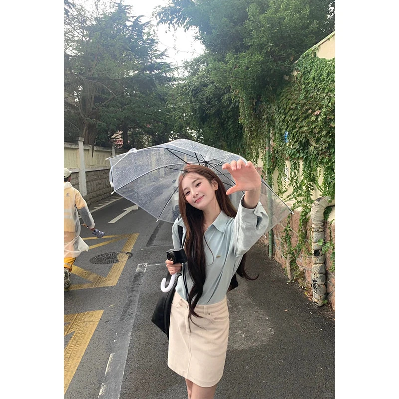 新款复古休闲设计感时尚长袖衬衫上衣高腰修身显瘦a字半身裙短裙