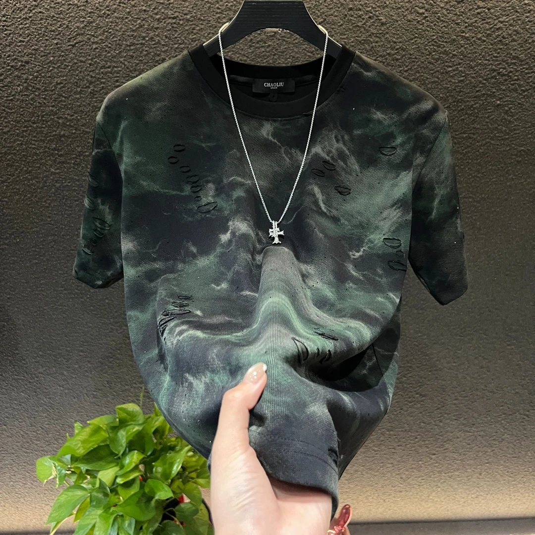 2025夏季新款亮钻破洞水墨画轻奢高定圆领男士半袖时尚百搭