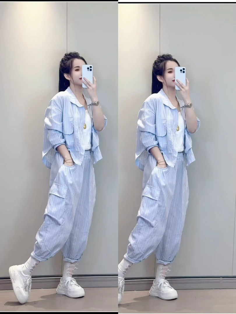 超级显白蓝色麻套装，两件套