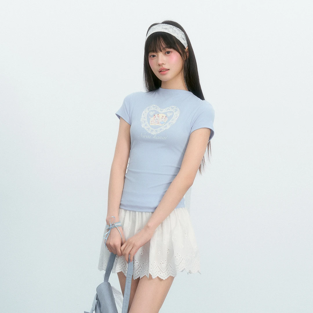umoumo乌蘑(原ntot)夏季新款学院风半高领小猫印花设计短袖上衣