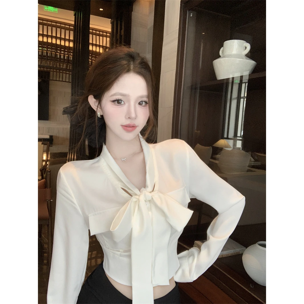高级感缎面衬衫女春季设计感气质蝴蝶结上衣修身显瘦短款长袖衬衣