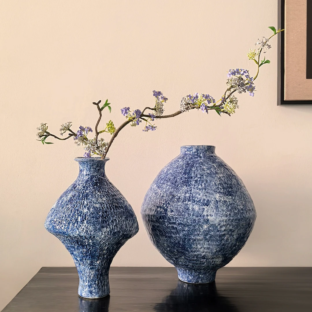 态生活法式混搭手绘青花瓷花瓶粗陶插花装饰品茶室酒店创意摆件