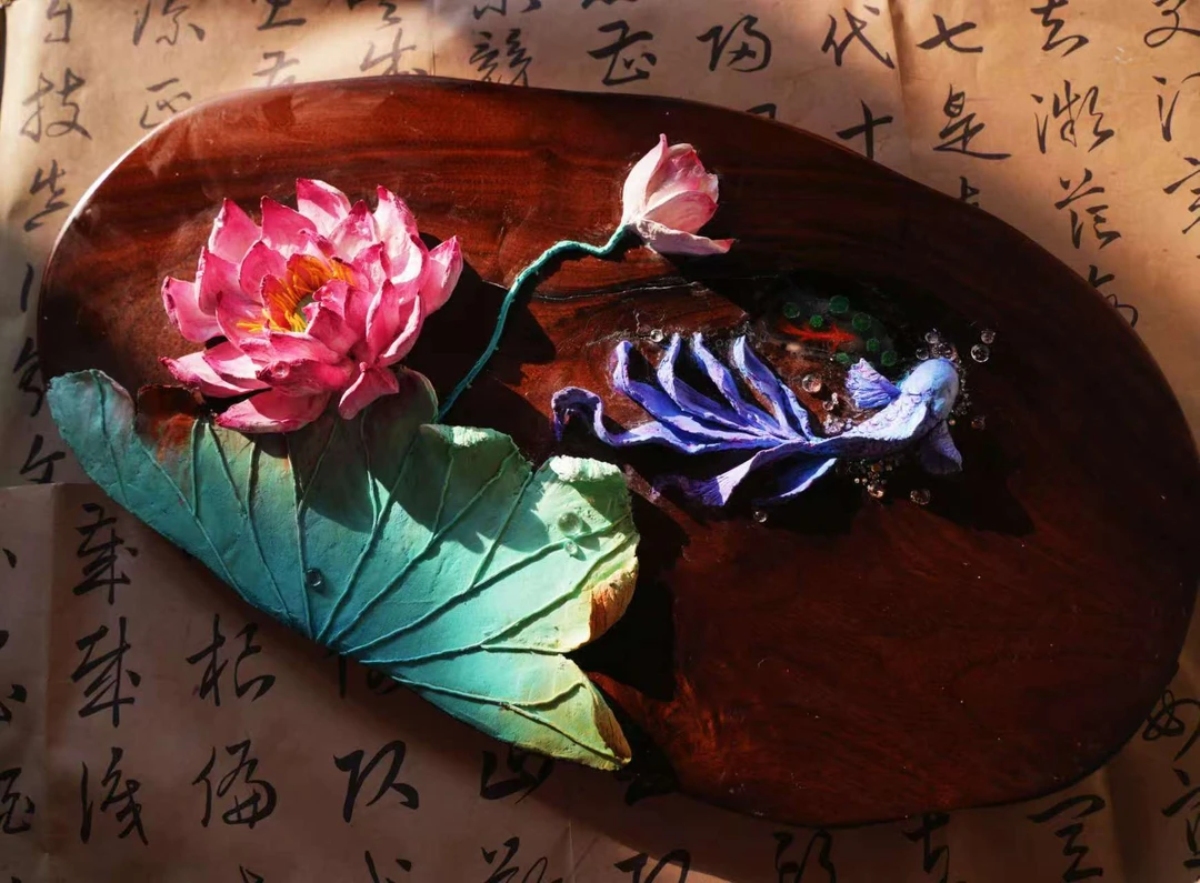 胡桃木《木上莲》手工原创装饰画浮雕画40*23