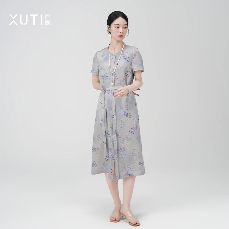 夏季新款复古国风新中式女装桑蚕丝连衣裙H48-12722