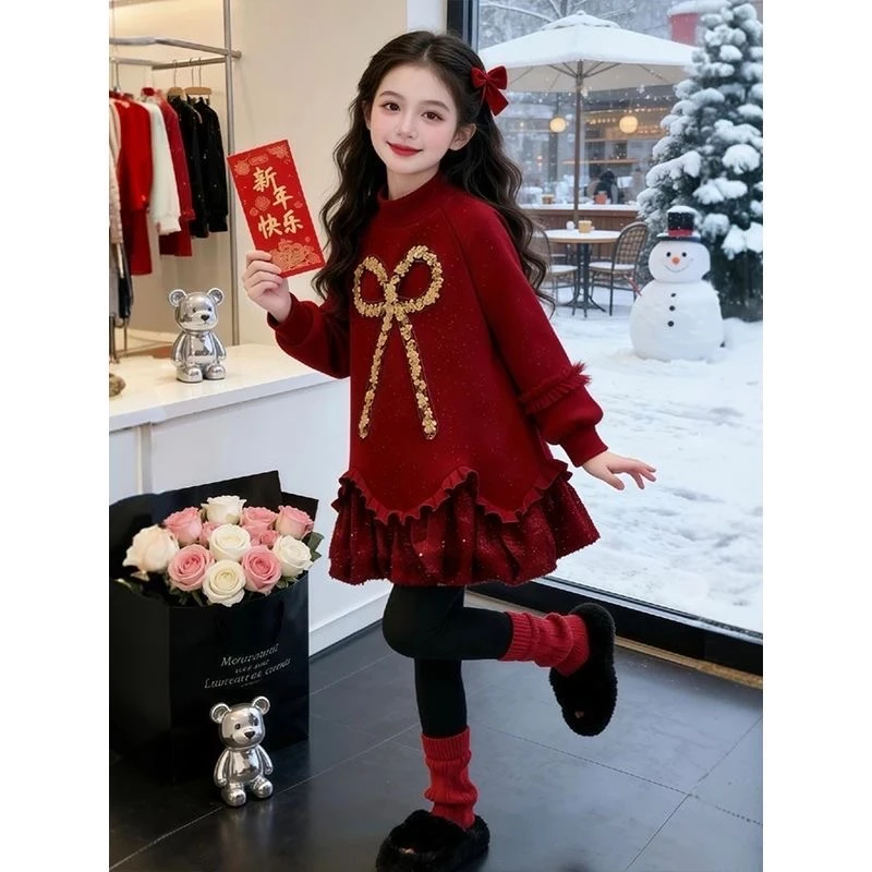 2025女童加绒亮片裙子儿童连衣裙女孩喜庆红色卫衣裙女宝洋气年服