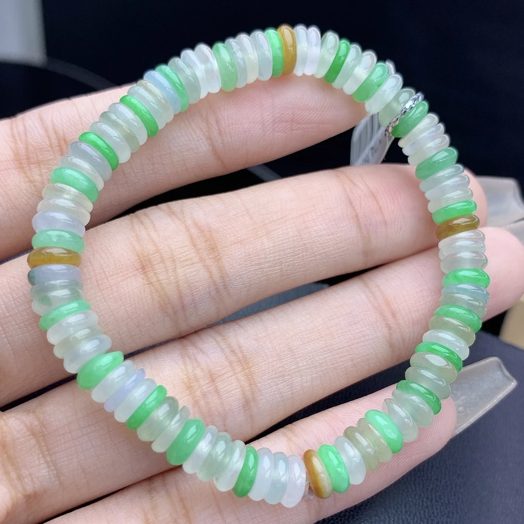 缅甸A货翡翠多宝白绿黄色毛毛虫平安扣特色手链手串单圈T卡6mm