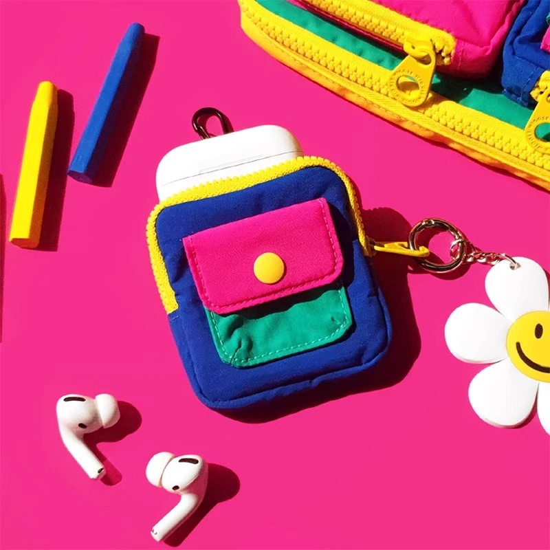敲可爱~迷你挂饰耳机帆布收纳包ins撞色挂式钥匙包便携耳机收纳包